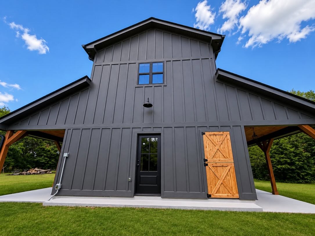 Angled daytime view of the custom barn and covered side porch