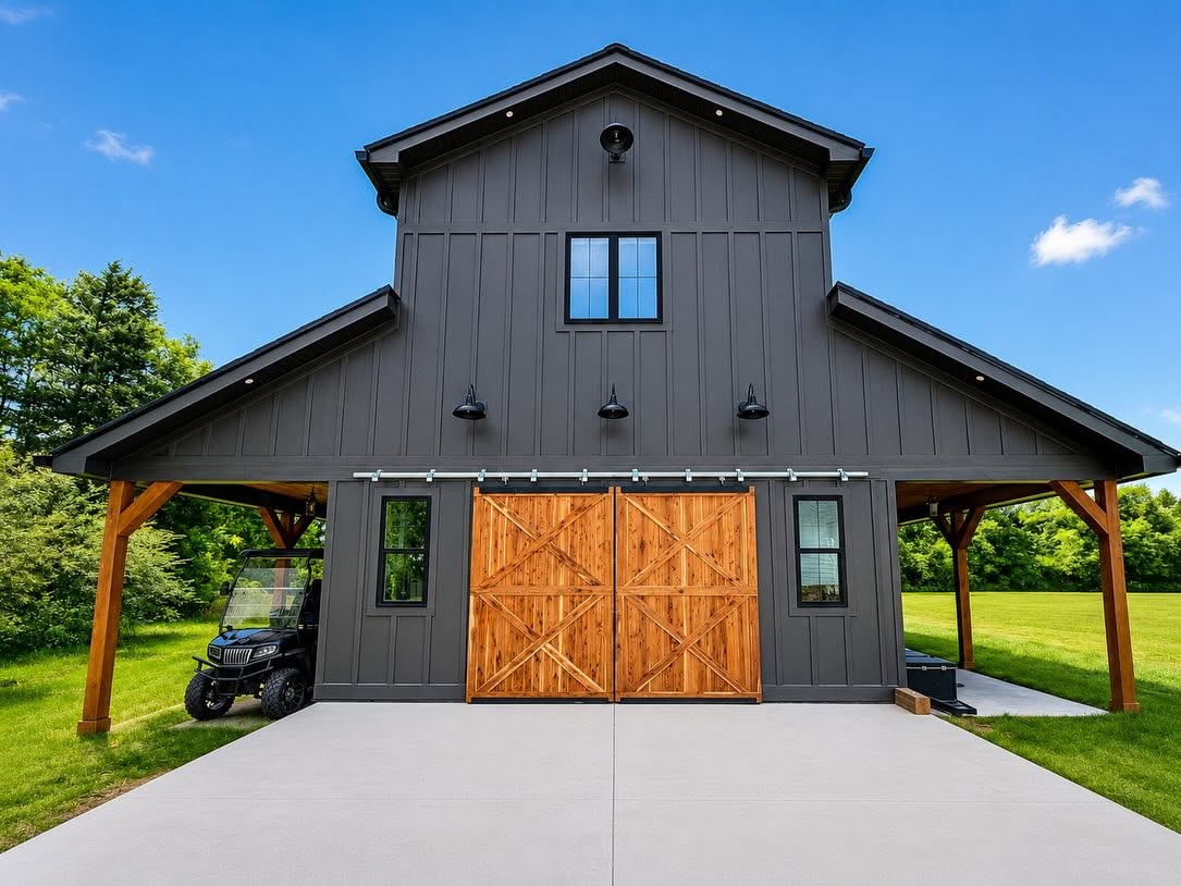 Front elevation of a charcoal barn with wide wood sliding doors